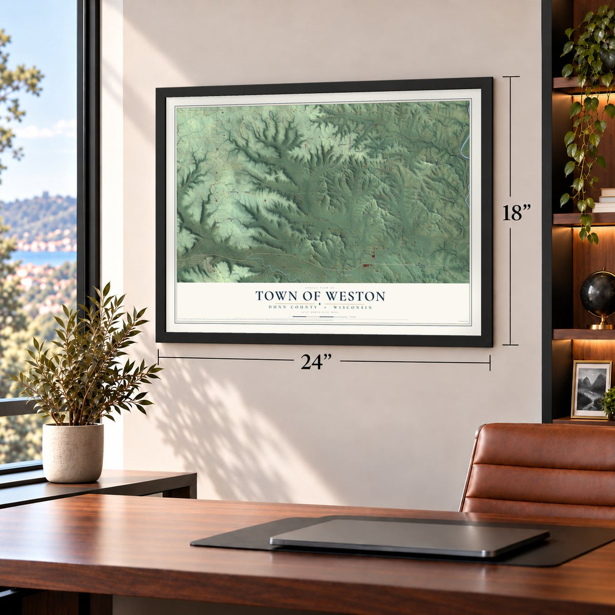 Town of Weston, Dunn County, Wisconsin map, 18 x 24 inch print in a black frame in a home office