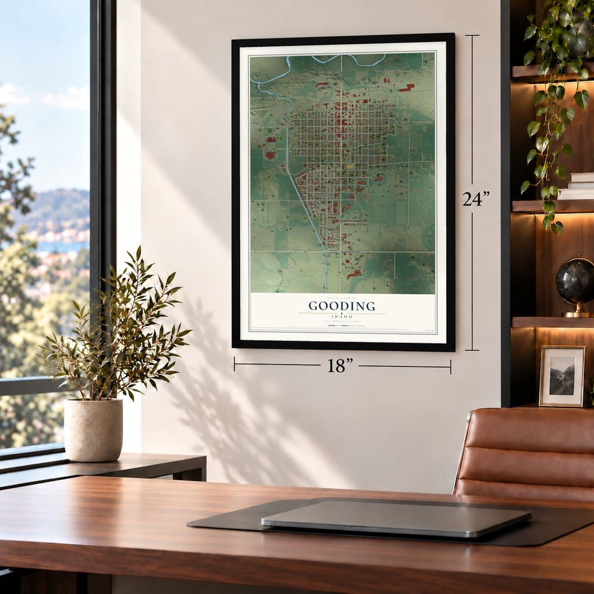 Gooding, Idaho map, 18 x 24 inch print in a black frame in a home office