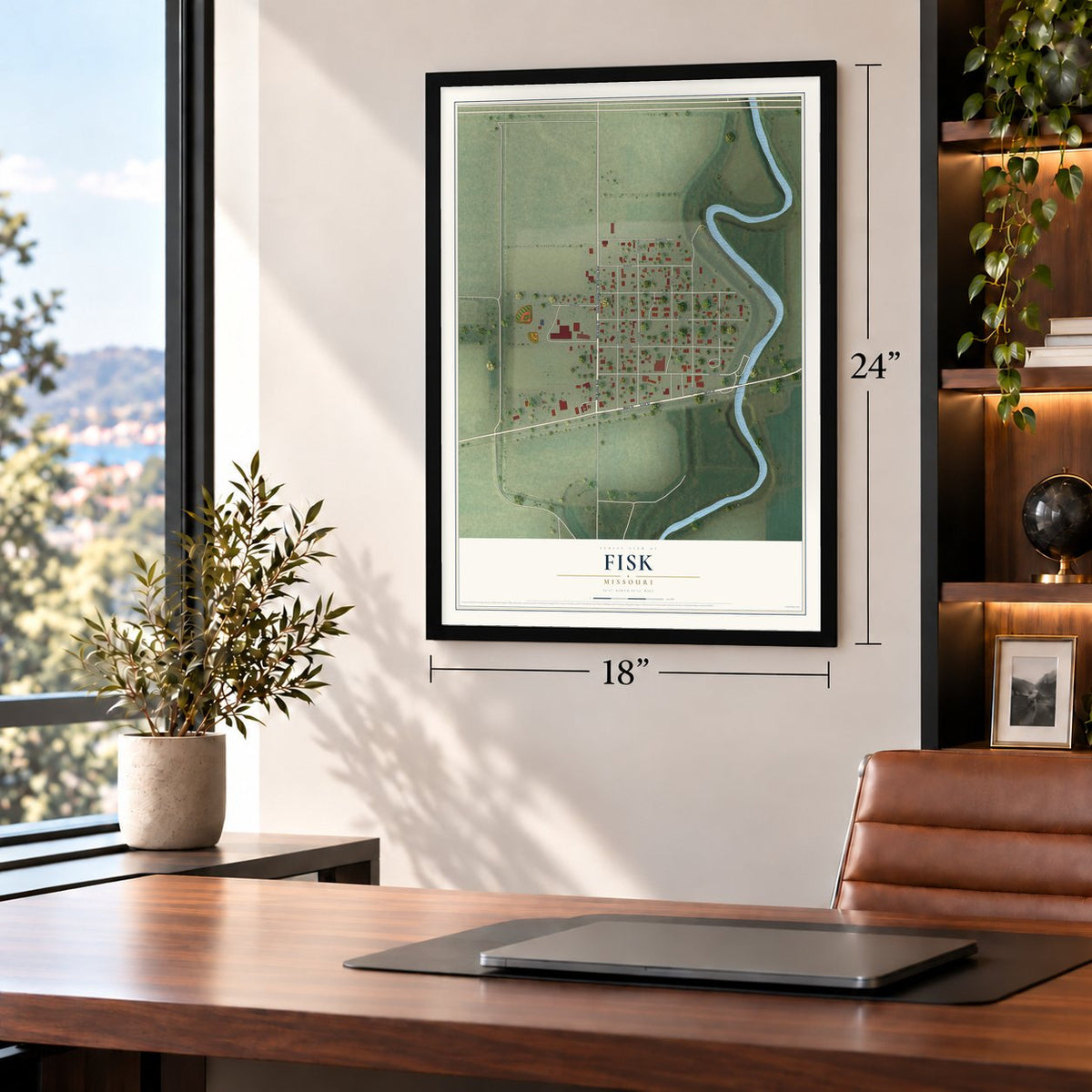 Fisk, Missouri map, 18 x 24 inch print in a black frame in a home office