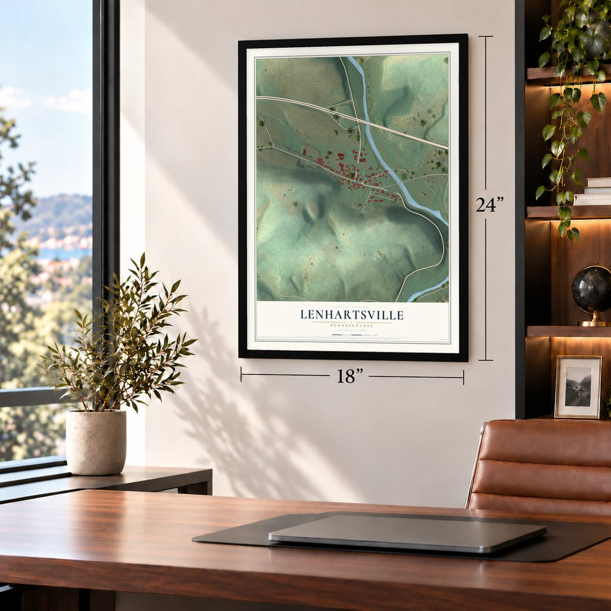 Lenhartsville, Pennsylvania map, 18 x 24 inch print in a black frame in a home office