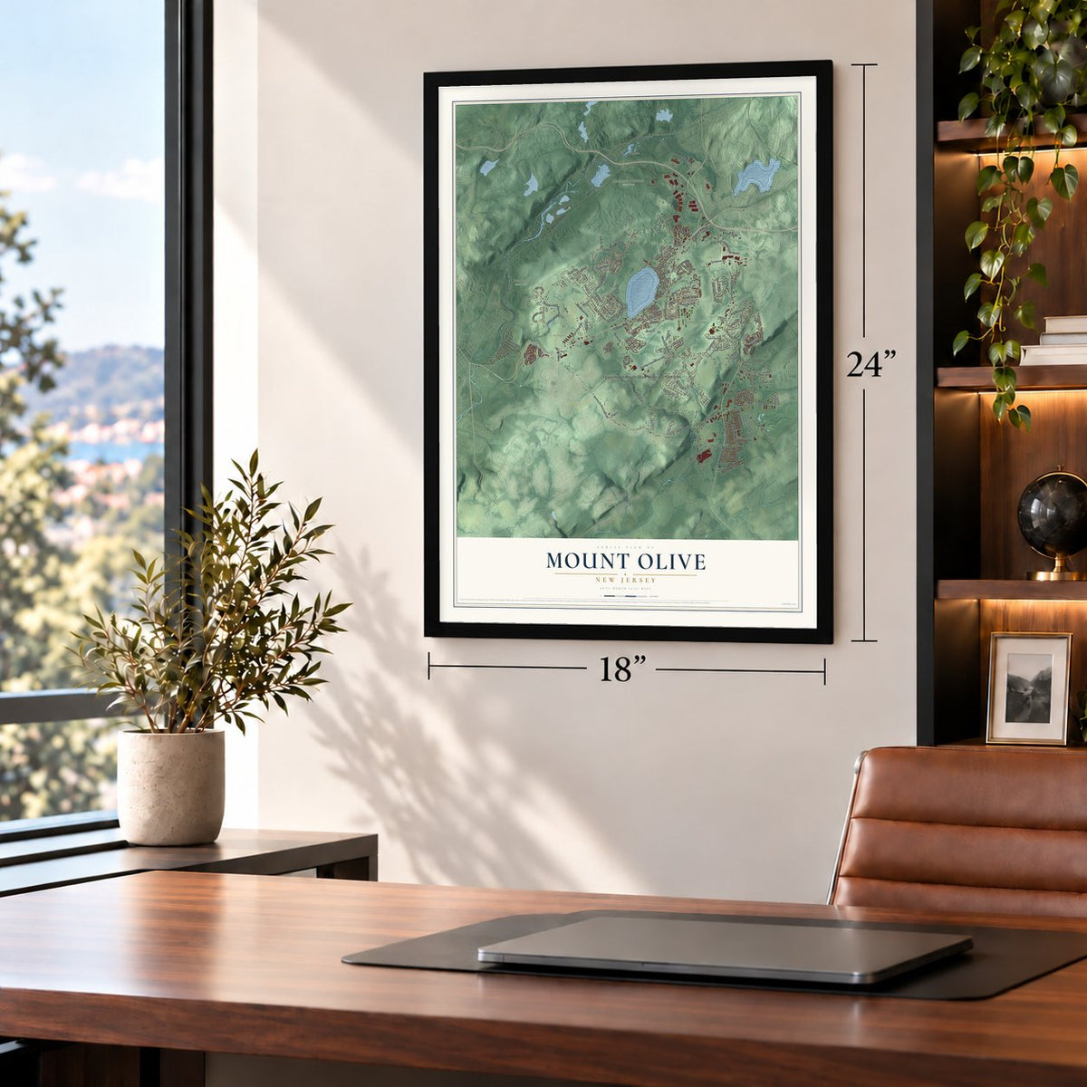 Mount Olive, New Jersey map, 18 x 24 inch print in a black frame in a home office