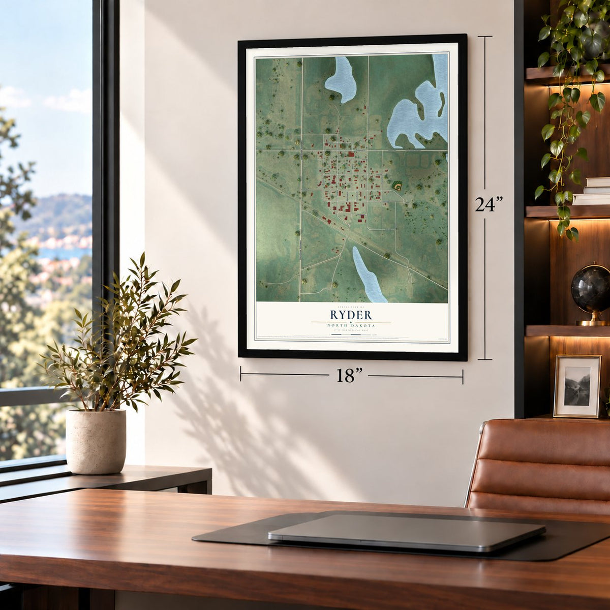 Ryder, North Dakota map, 18 x 24 inch print in a black frame in a home office