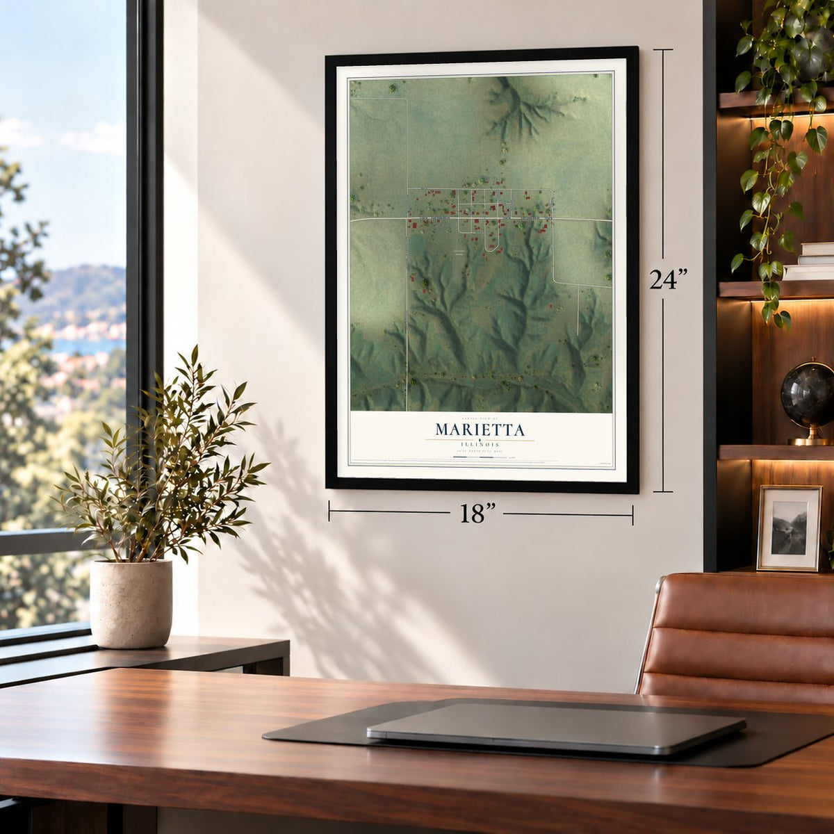 Marietta, Illinois map, 18 x 24 inch print in a black frame in a home office
