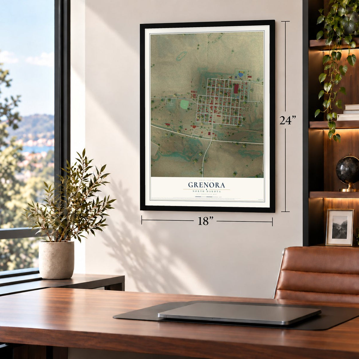 Grenora, North Dakota map, 18 x 24 inch print in a black frame in a home office