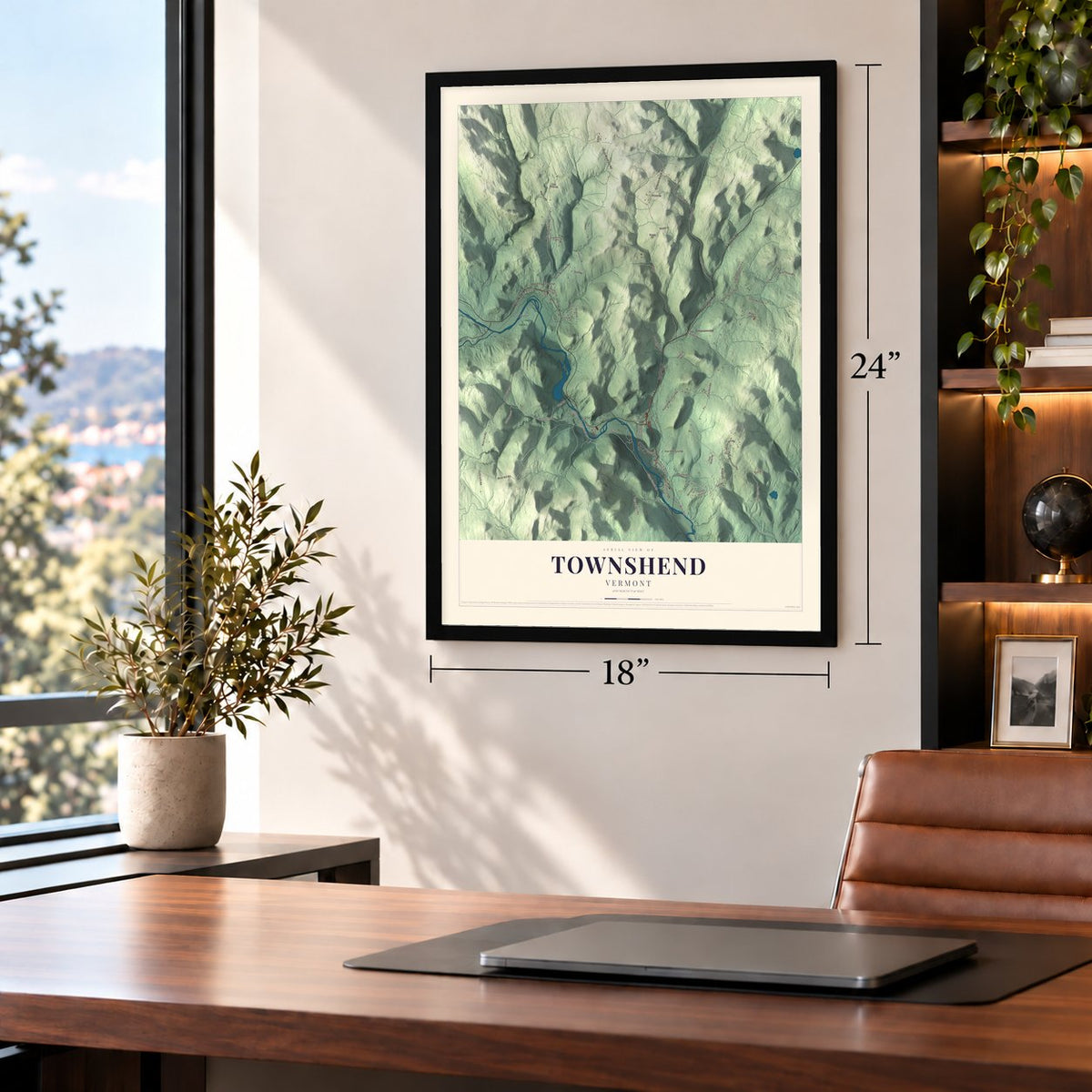 Townshend, Vermont map, 18 x 24 inch print in a black frame in a home office