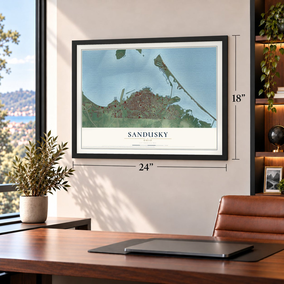 Sandusky, Ohio map, 18 x 24 inch print in a black frame in a home office