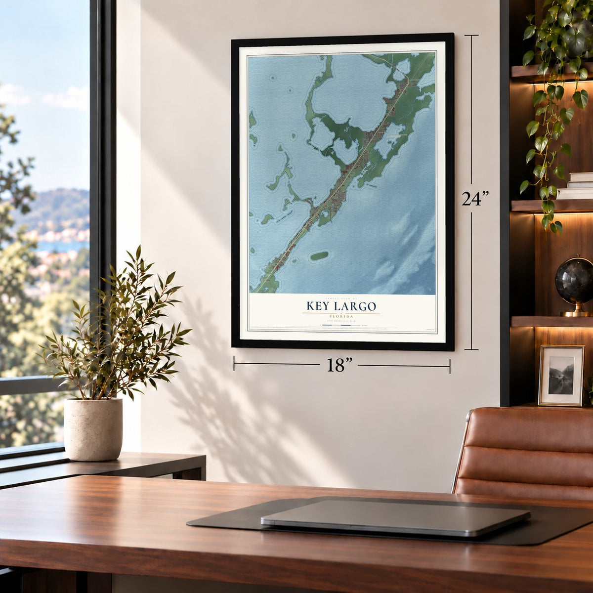 Key Largo, Florida map, 18 x 24 inch print in a black frame in a home office