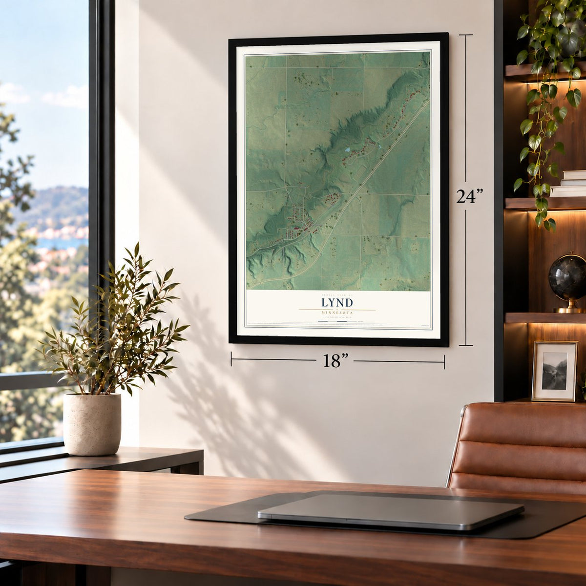 Lynd, Minnesota map, 18 x 24 inch print in a black frame in a home office