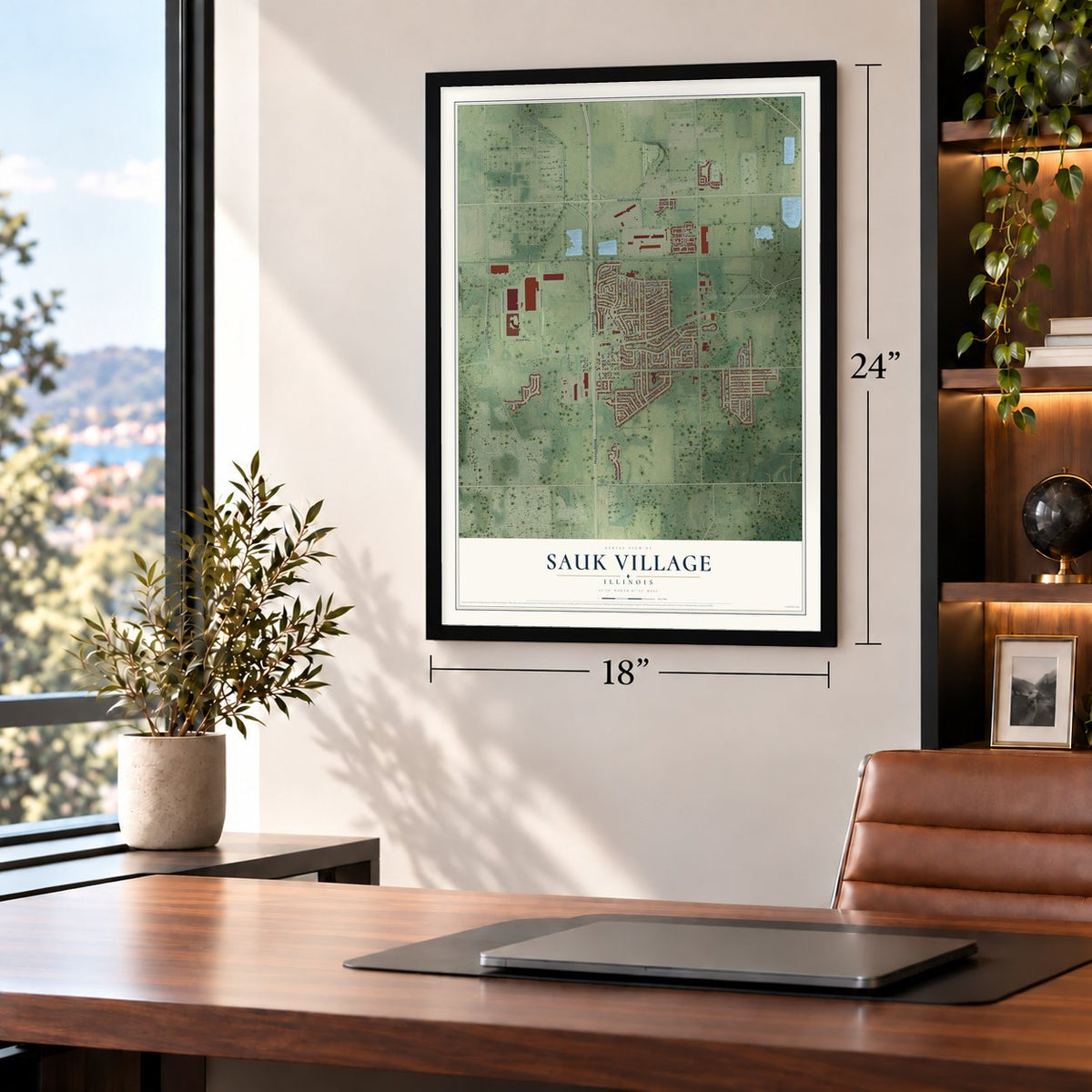 Sauk Village, Illinois map, 18 x 24 inch print in a black frame in a home office
