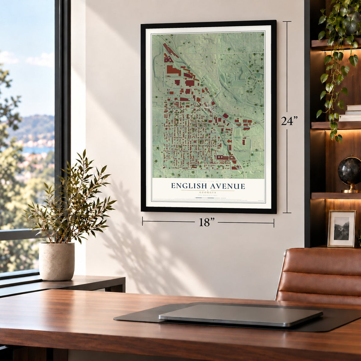 English Avenue, Georgia map, 18 x 24 inch print in a black frame in a home office