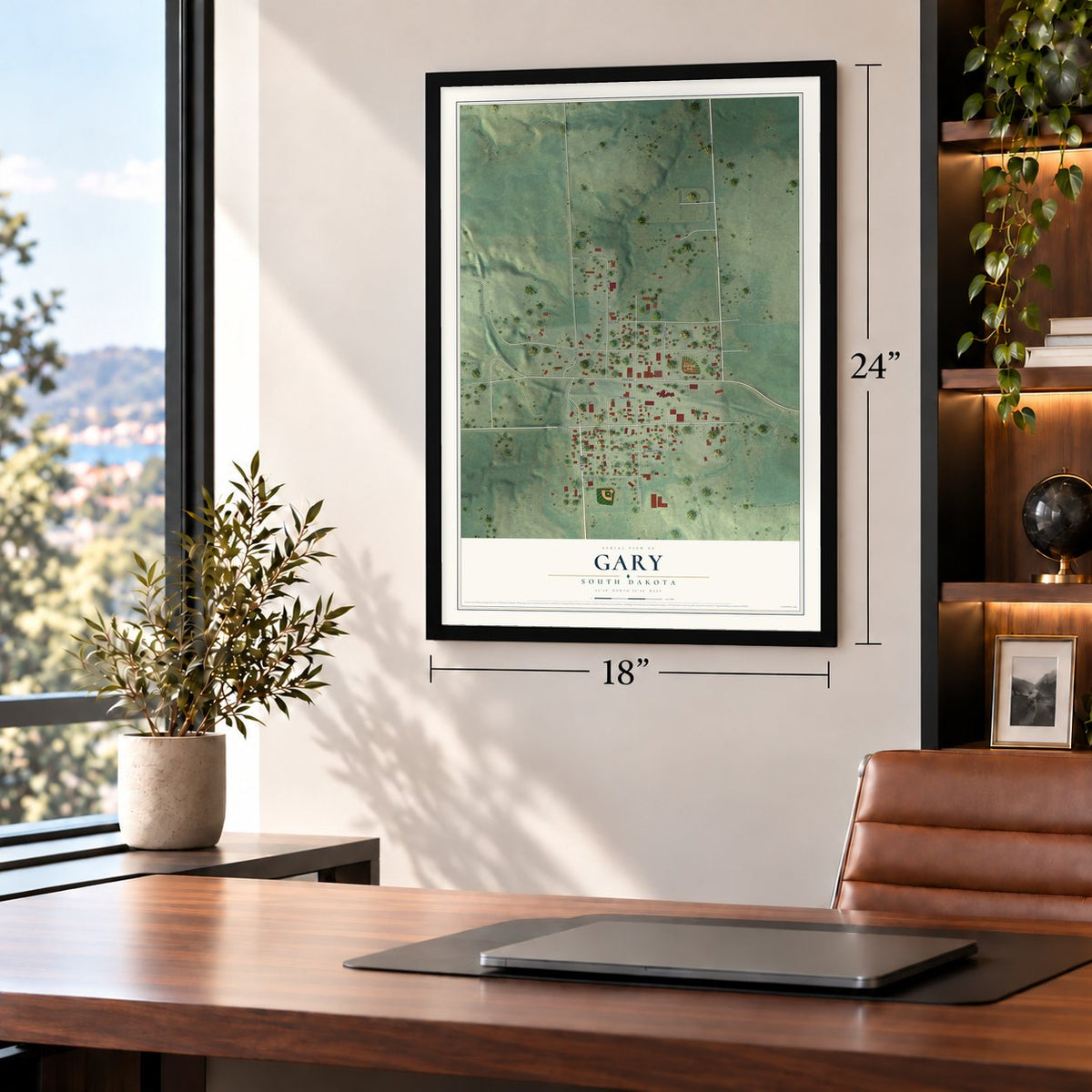 Gary, South Dakota map, 18 x 24 inch print in a black frame in a home office