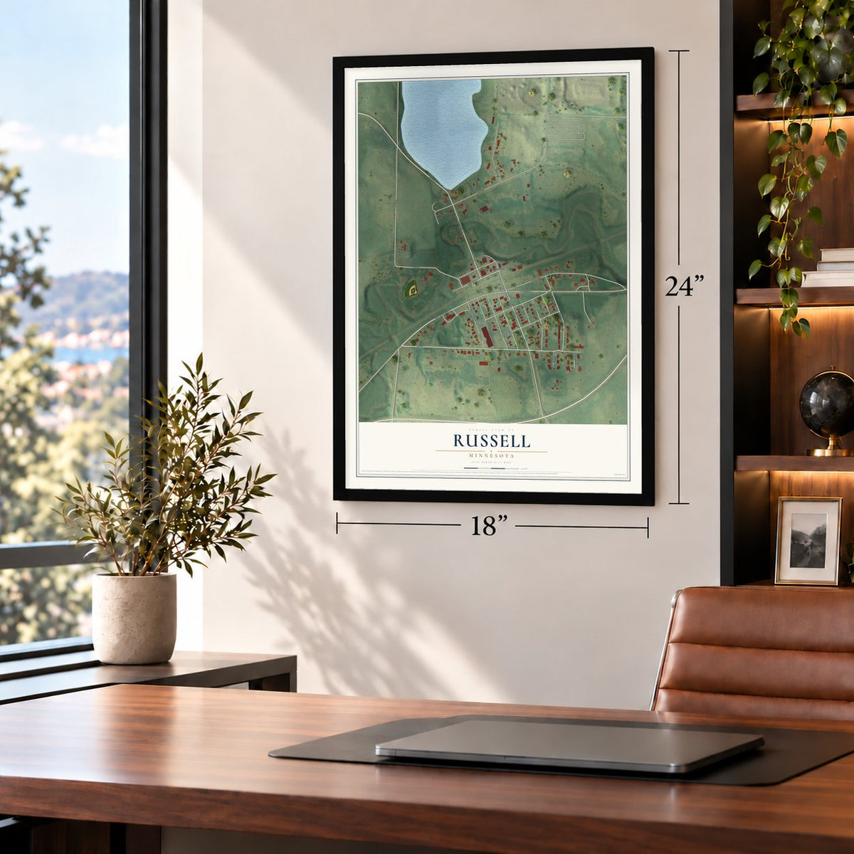 Russell, Minnesota map, 18 x 24 inch print in a black frame in a home office