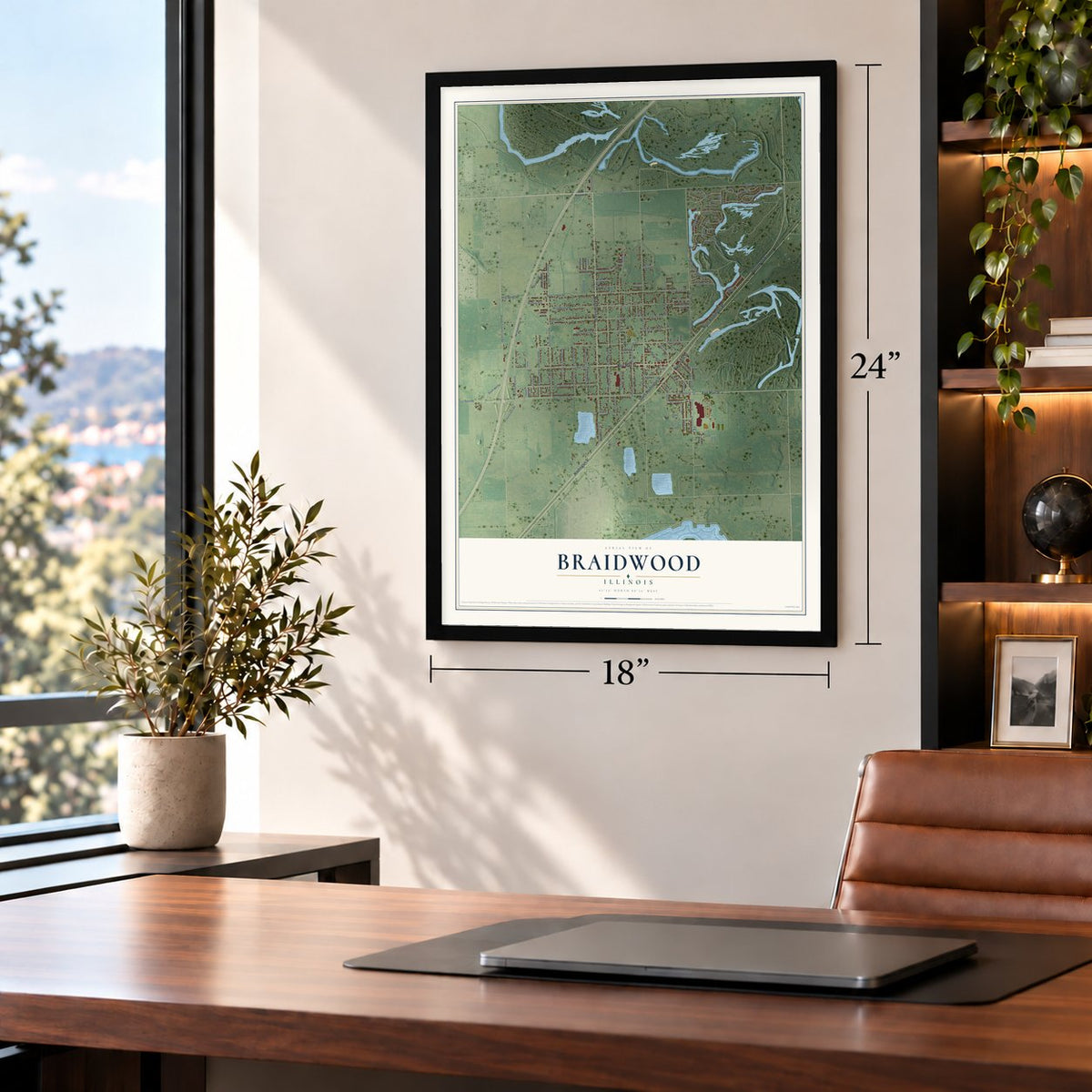 Braidwood, Illinois map, 18 x 24 inch print in a black frame in a home office