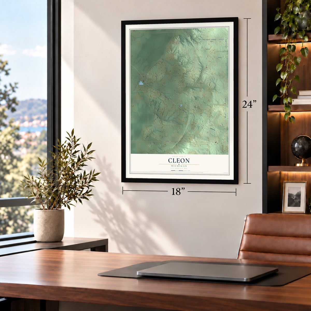 Cleon, Michigan map, 18 x 24 inch print in a black frame in a home office