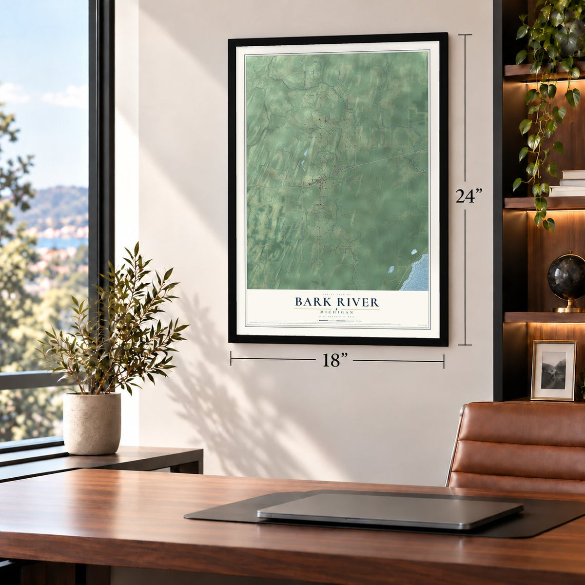 Bark River, Michigan map, 18 x 24 inch print in a black frame in a home office