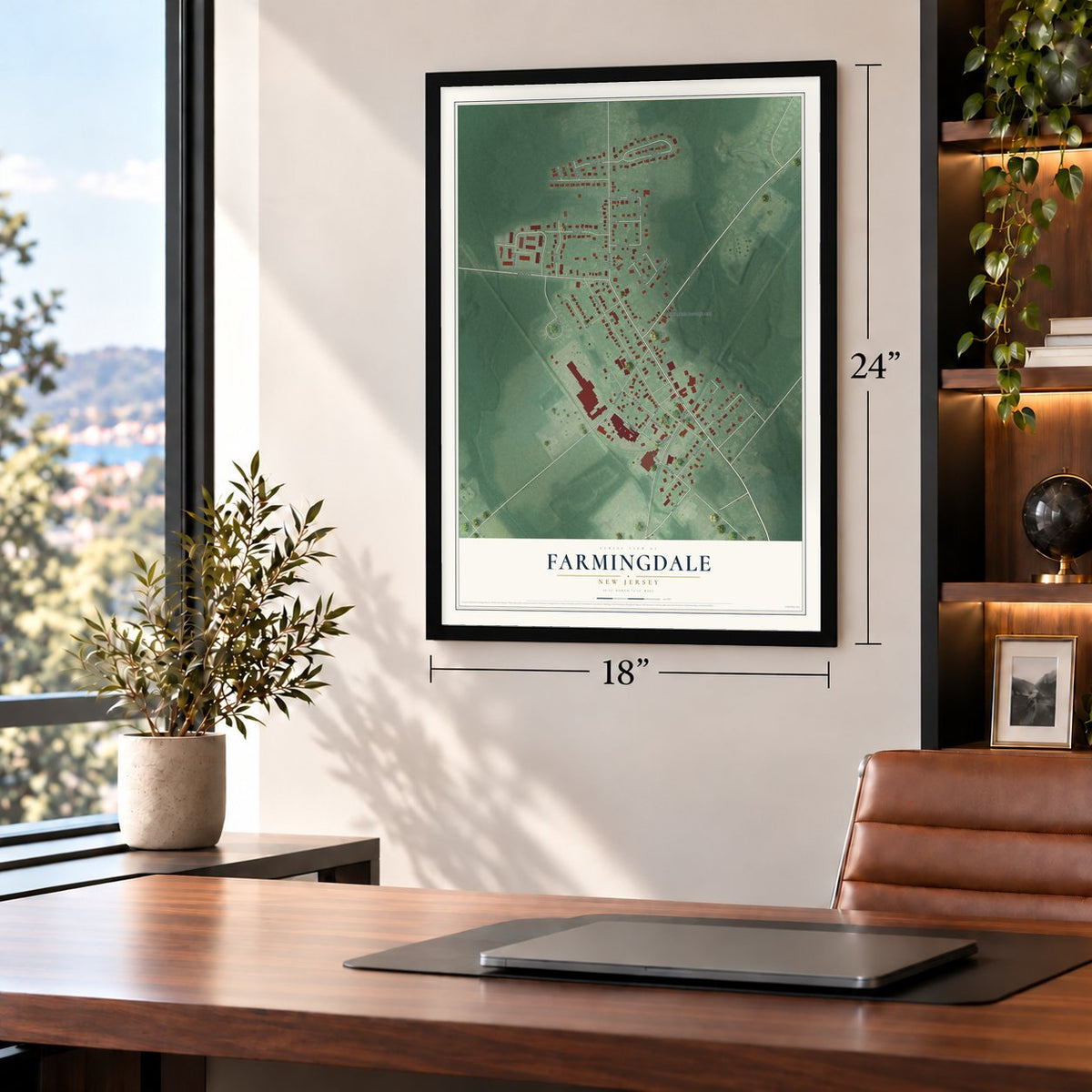 Farmingdale, New Jersey map, 18 x 24 inch print in a black frame in a home office