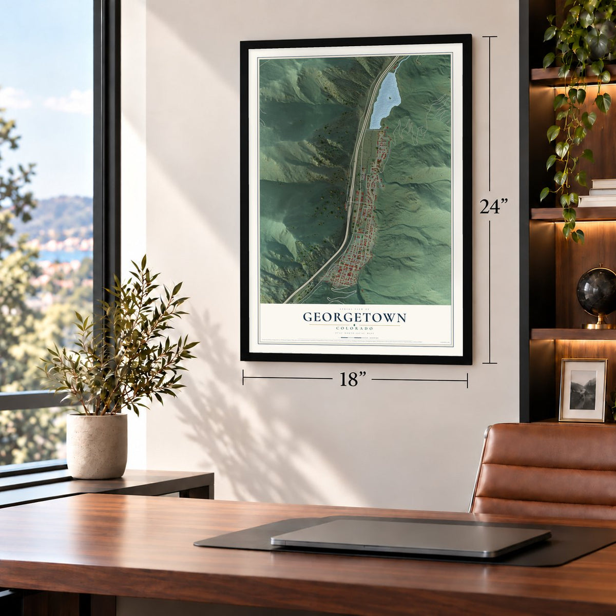 Georgetown, Colorado map, 18 x 24 inch print in a black frame in a home office
