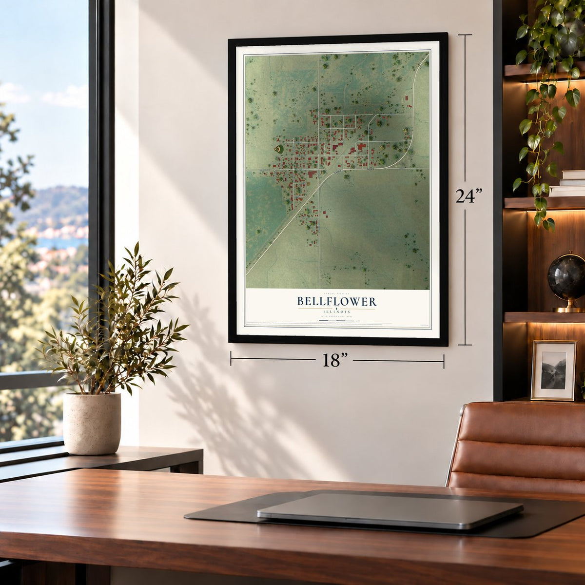 Bellflower, Illinois map, 18 x 24 inch print in a black frame in a home office