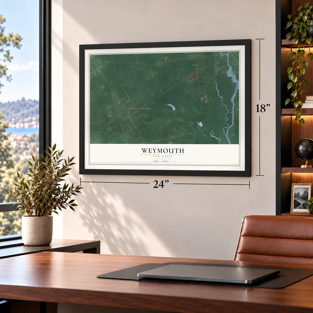Weymouth, New Jersey map, 18 x 24 inch print in a black frame in a home office