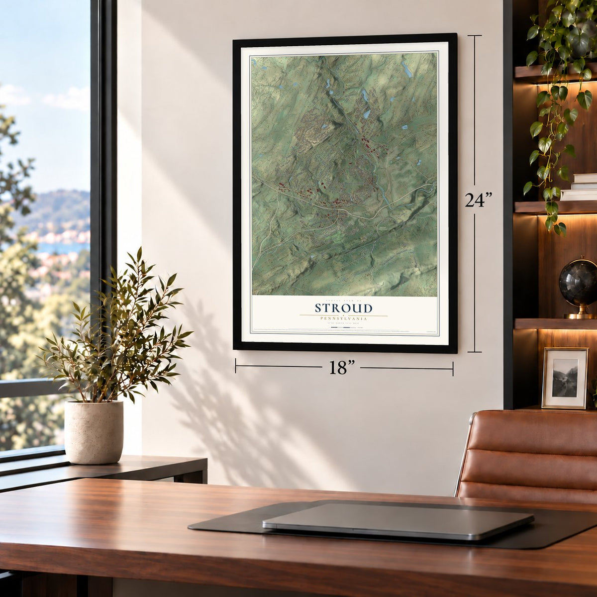Stroud, Pennsylvania map, 18 x 24 inch print in a black frame in a home office