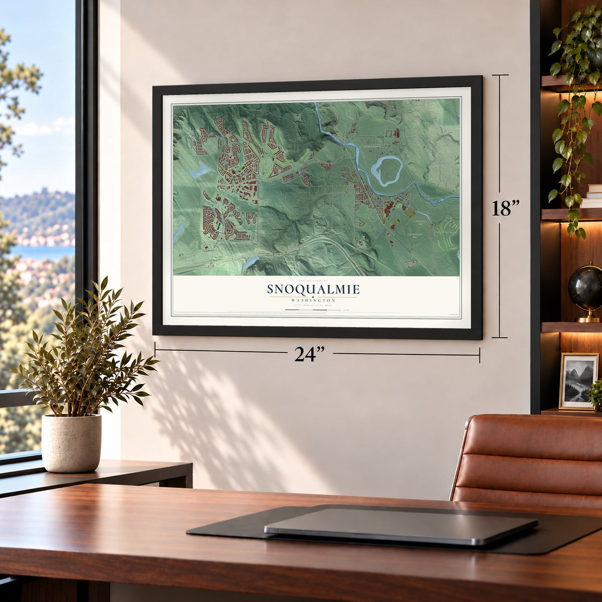 Snoqualmie, Washington map, 18 x 24 inch print in a black frame in a home office