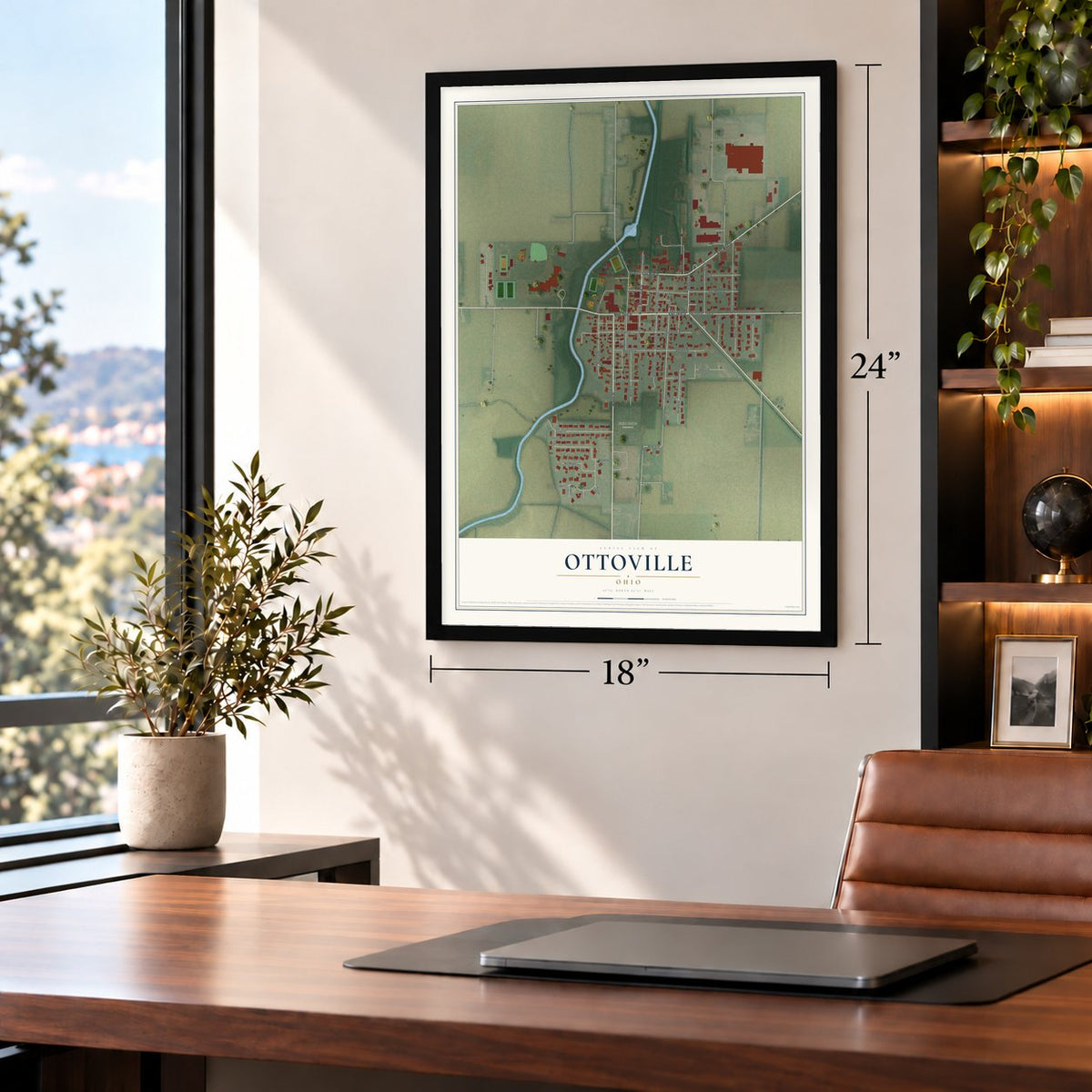 Ottoville, Ohio map, 18 x 24 inch print in a black frame in a home office