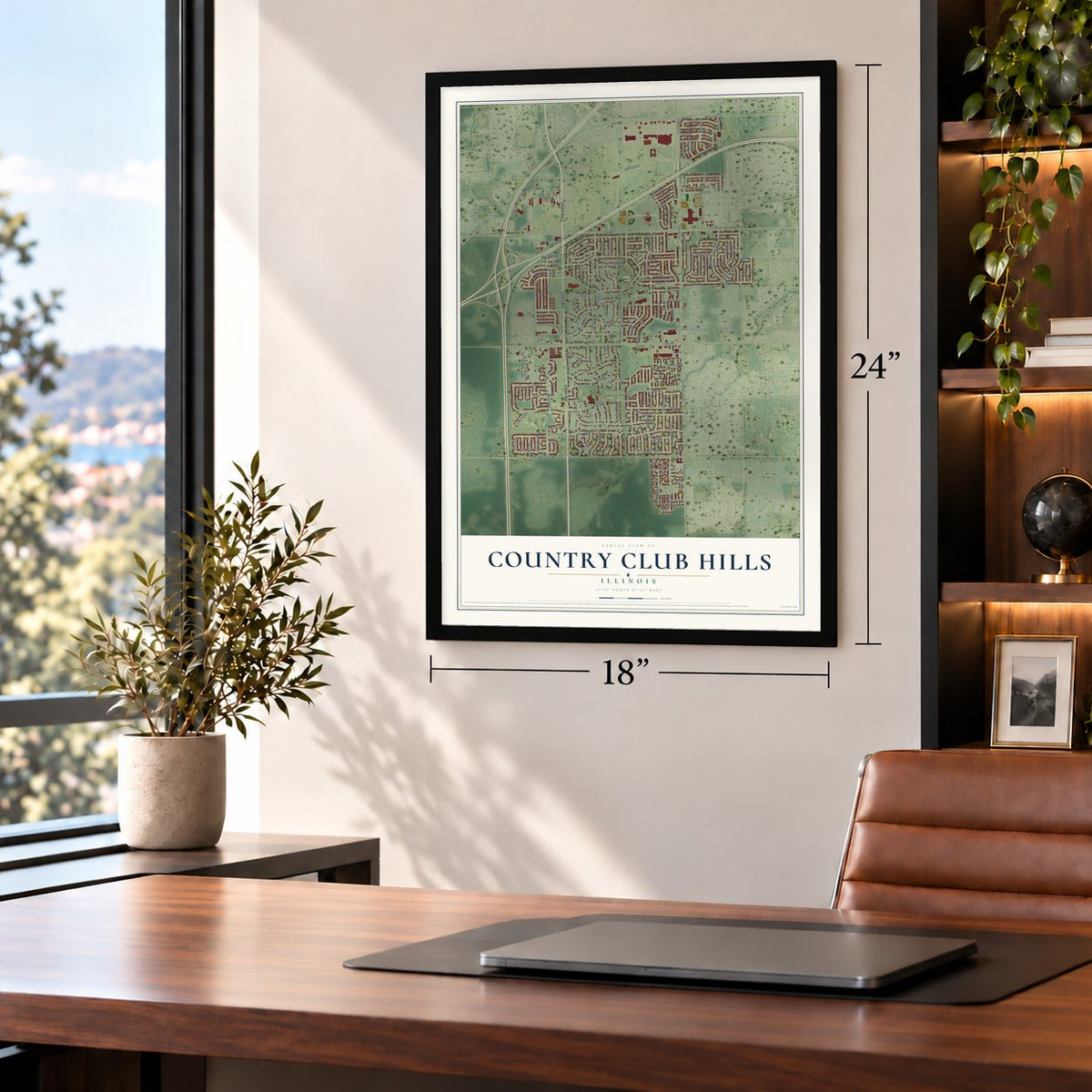 Country Club Hills, Illinois map, 18 x 24 inch print in a black frame in a home office