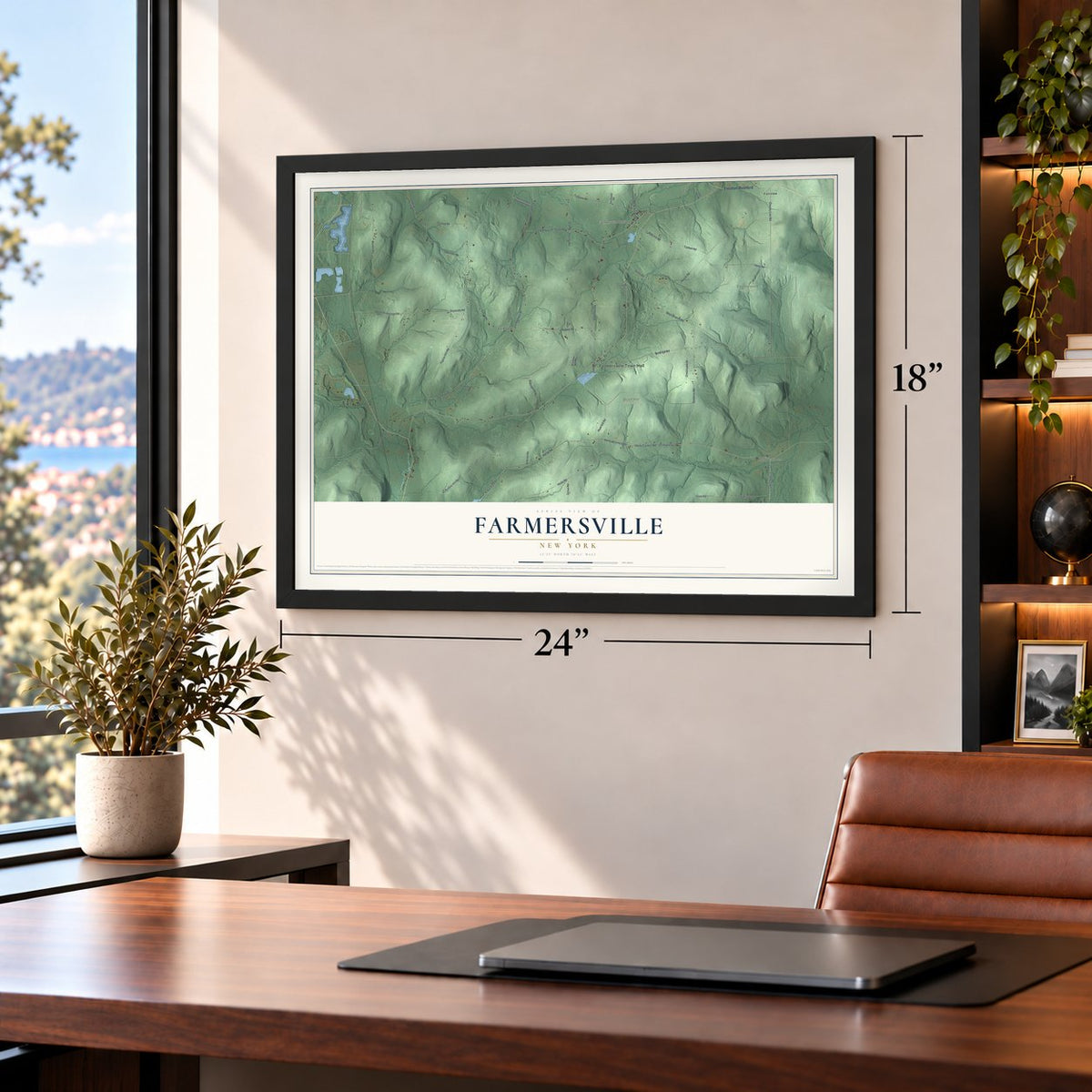 Farmersville, New York map, 18 x 24 inch print in a black frame in a home office