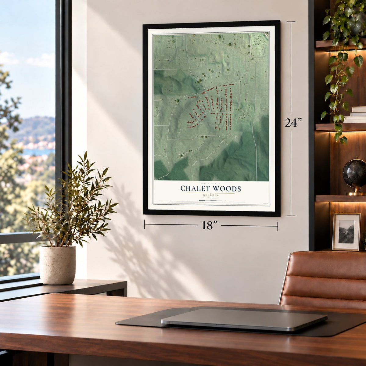 Chalet Woods, Georgia map, 18 x 24 inch print in a black frame in a home office