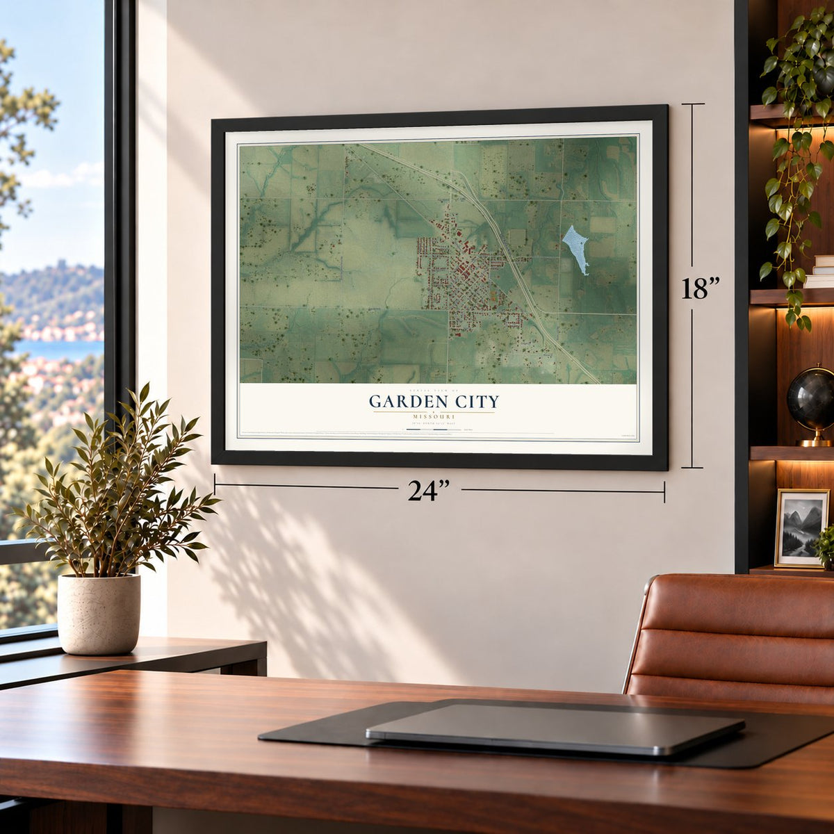 Garden City, Missouri map, 18 x 24 inch print in a black frame in a home office