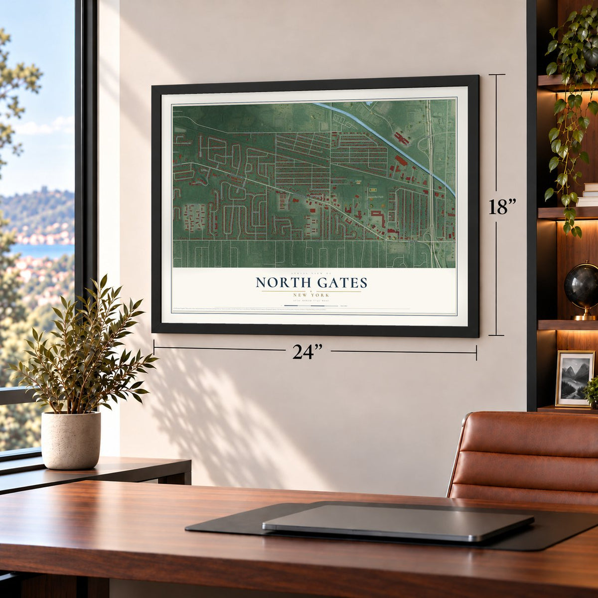 North Gates, New York map, 18 x 24 inch print in a black frame in a home office