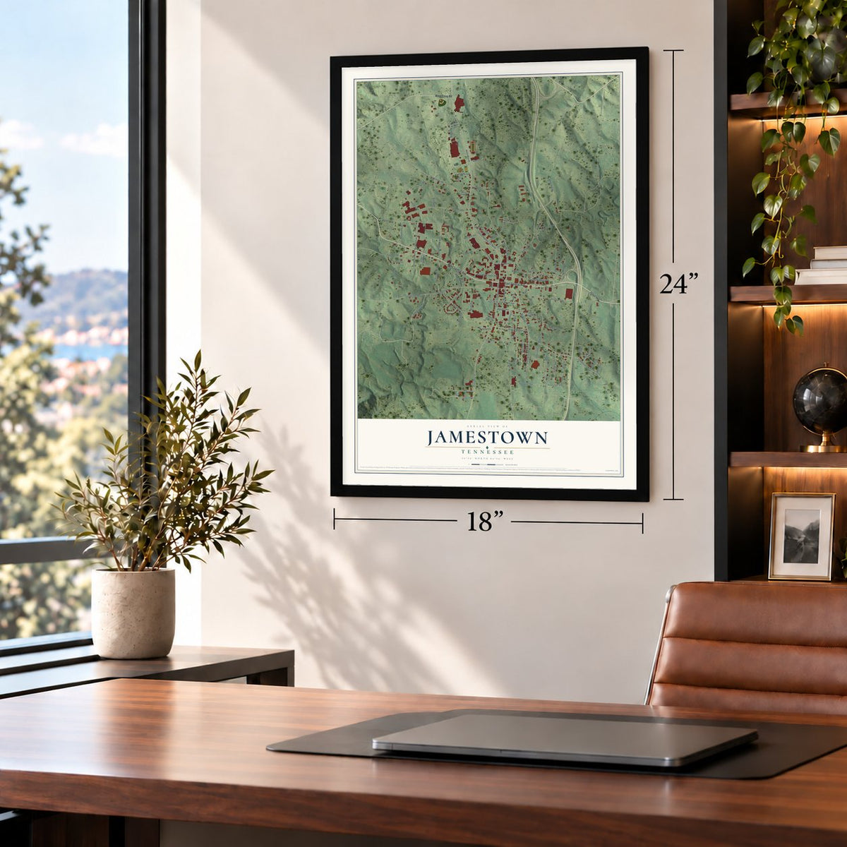 Jamestown, Tennessee map, 18 x 24 inch print in a black frame in a home office