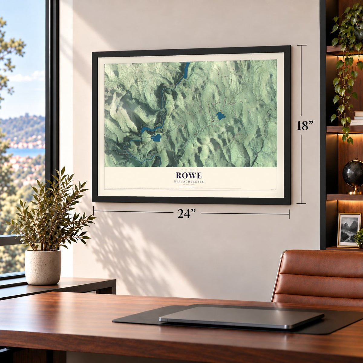 Rowe, Massachusetts map, 18 x 24 inch print in a black frame in a home office