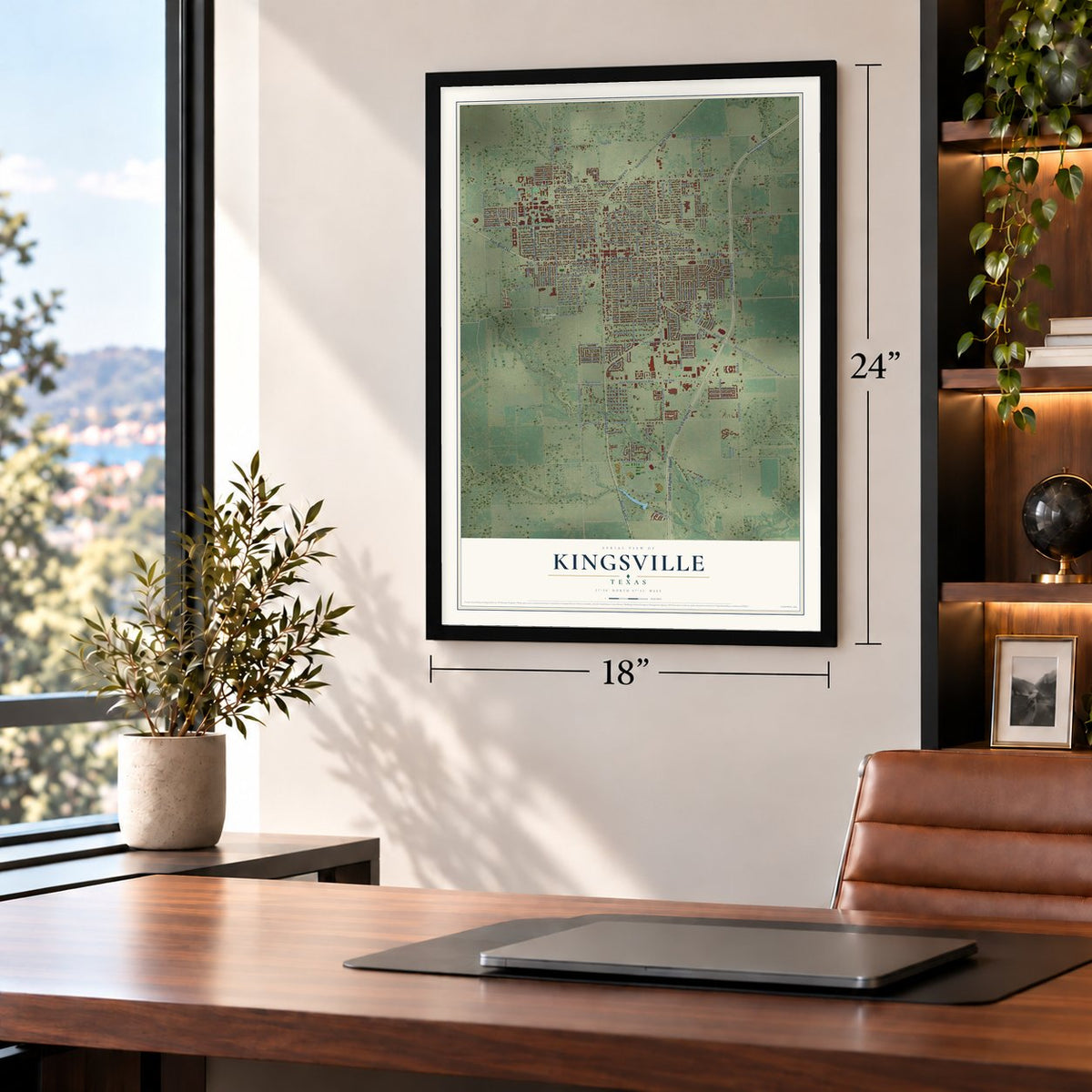Kingsville, Texas map, 18 x 24 inch print in a black frame in a home office