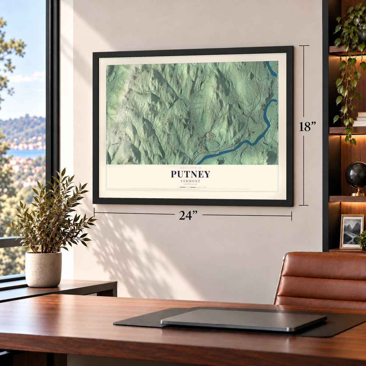 Putney, Vermont map, 18 x 24 inch print in a black frame in a home office