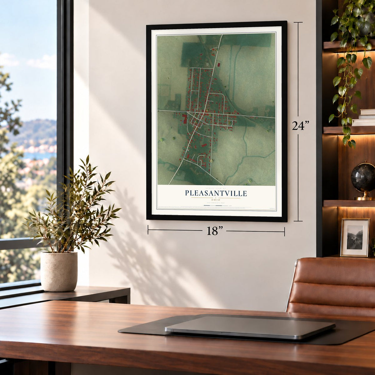 Pleasantville, Ohio map, 18 x 24 inch print in a black frame in a home office