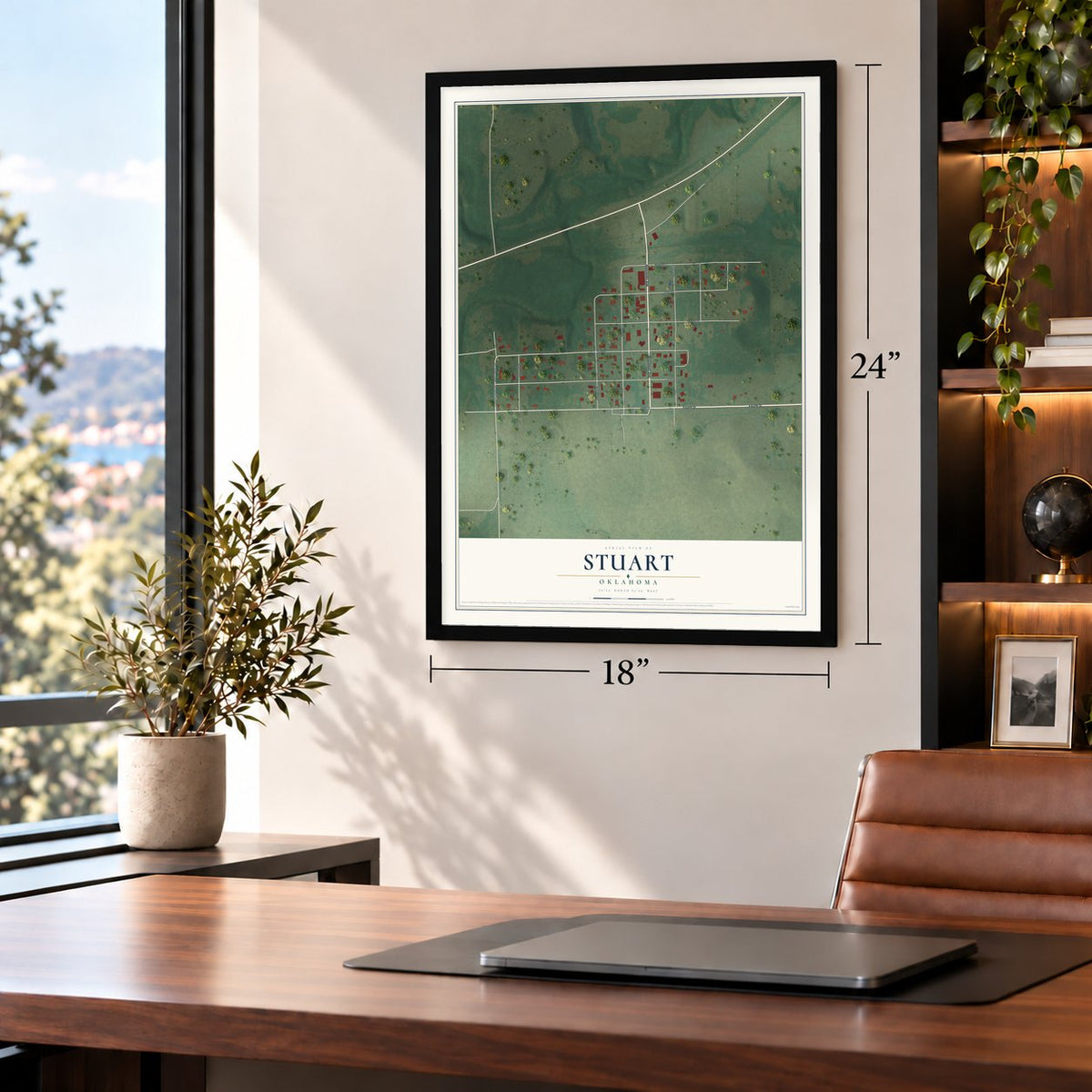 Stuart, Oklahoma map, 18 x 24 inch print in a black frame in a home office