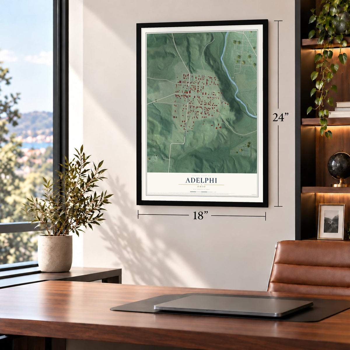 Adelphi, Ohio map, 18 x 24 inch print in a black frame in a home office