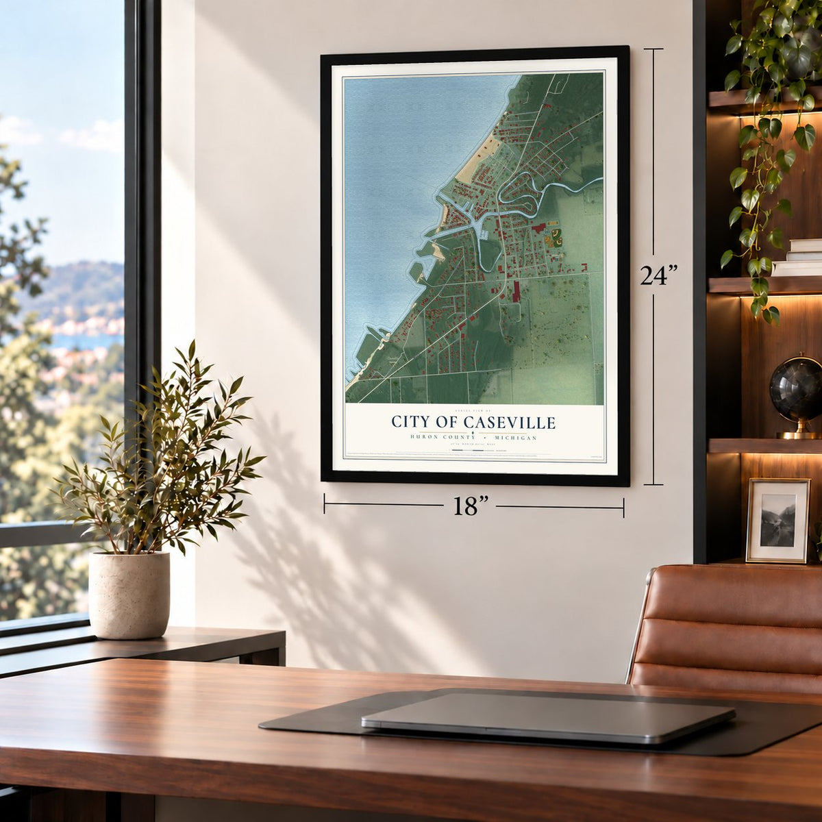 Caseville, Michigan map, 18 x 24 inch print in a black frame in a home office