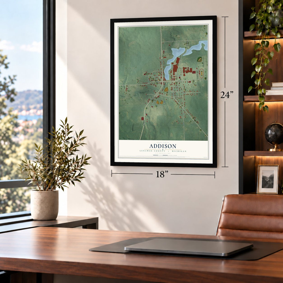 Addison, Lenawee County, Michigan map, 18 x 24 inch print in a black frame in a home office