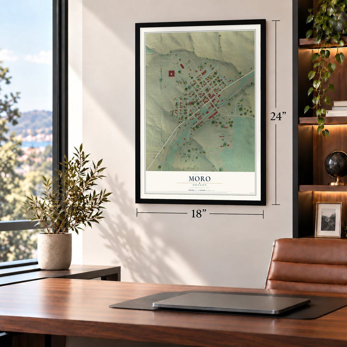 Moro, Oregon map, 18 x 24 inch print in a black frame in a home office
