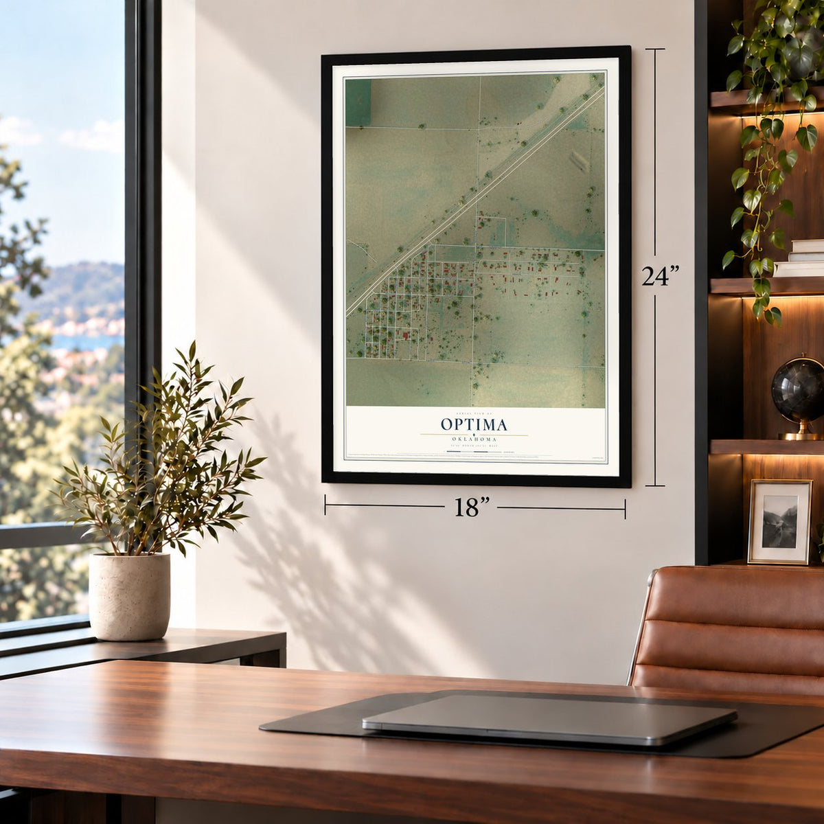 Optima, Oklahoma map, 18 x 24 inch print in a black frame in a home office
