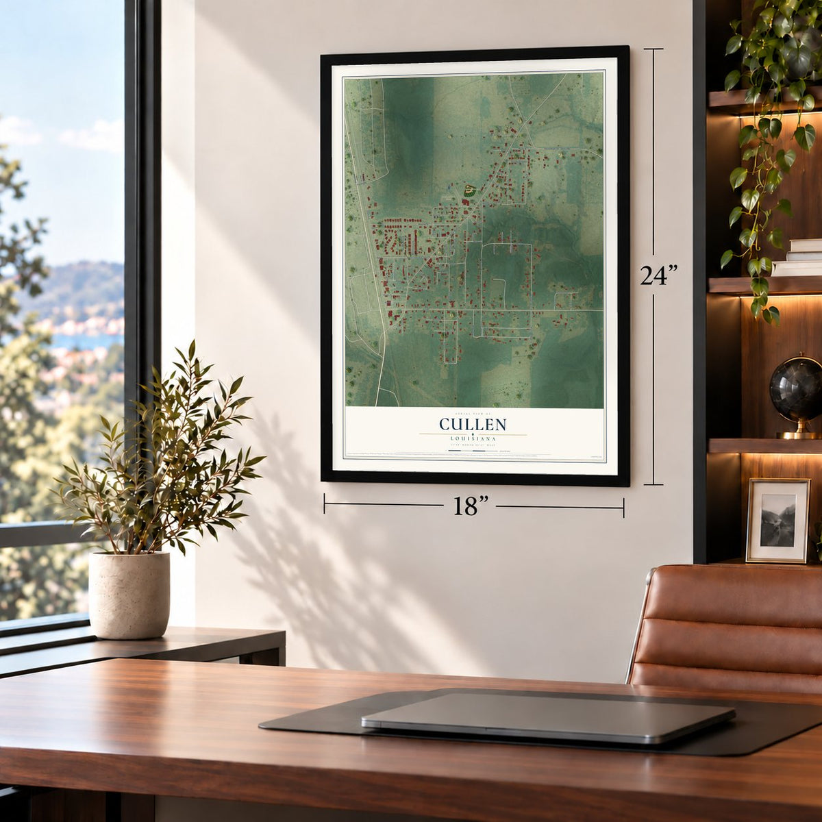 Cullen, Louisiana map, 18 x 24 inch print in a black frame in a home office