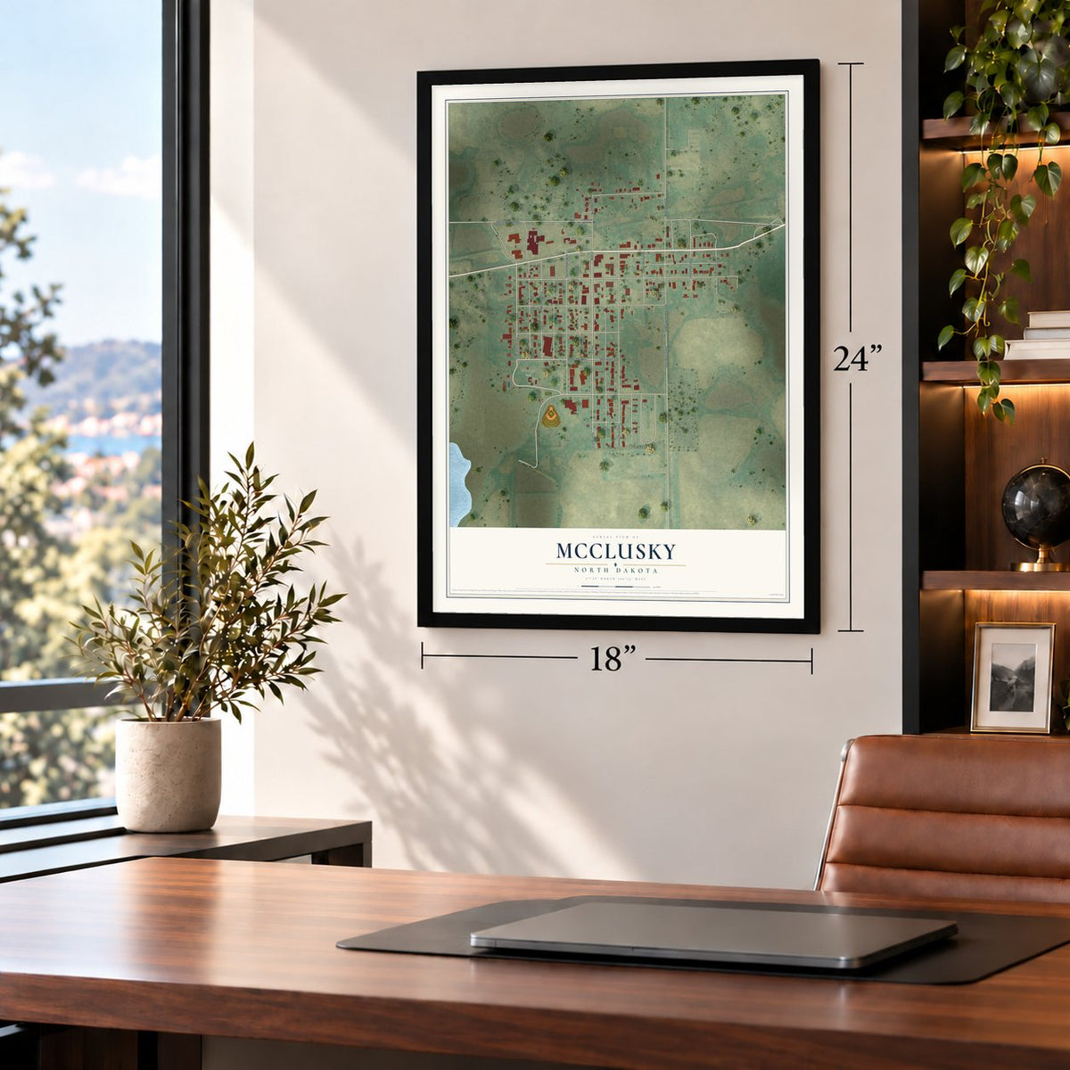 McClusky, North Dakota map, 18 x 24 inch print in a black frame in a home office