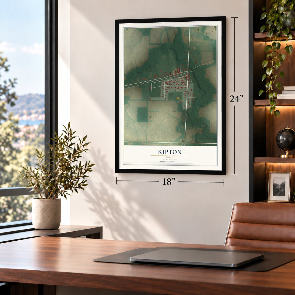 Kipton, Ohio map, 18 x 24 inch print in a black frame in a home office