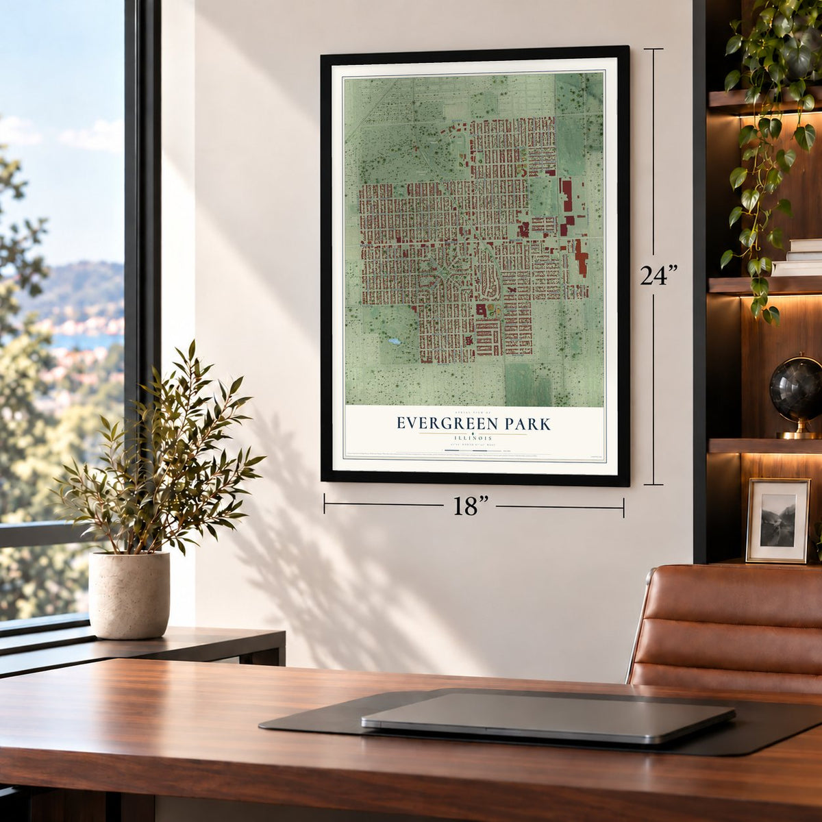 Evergreen Park, Illinois map, 18 x 24 inch print in a black frame in a home office