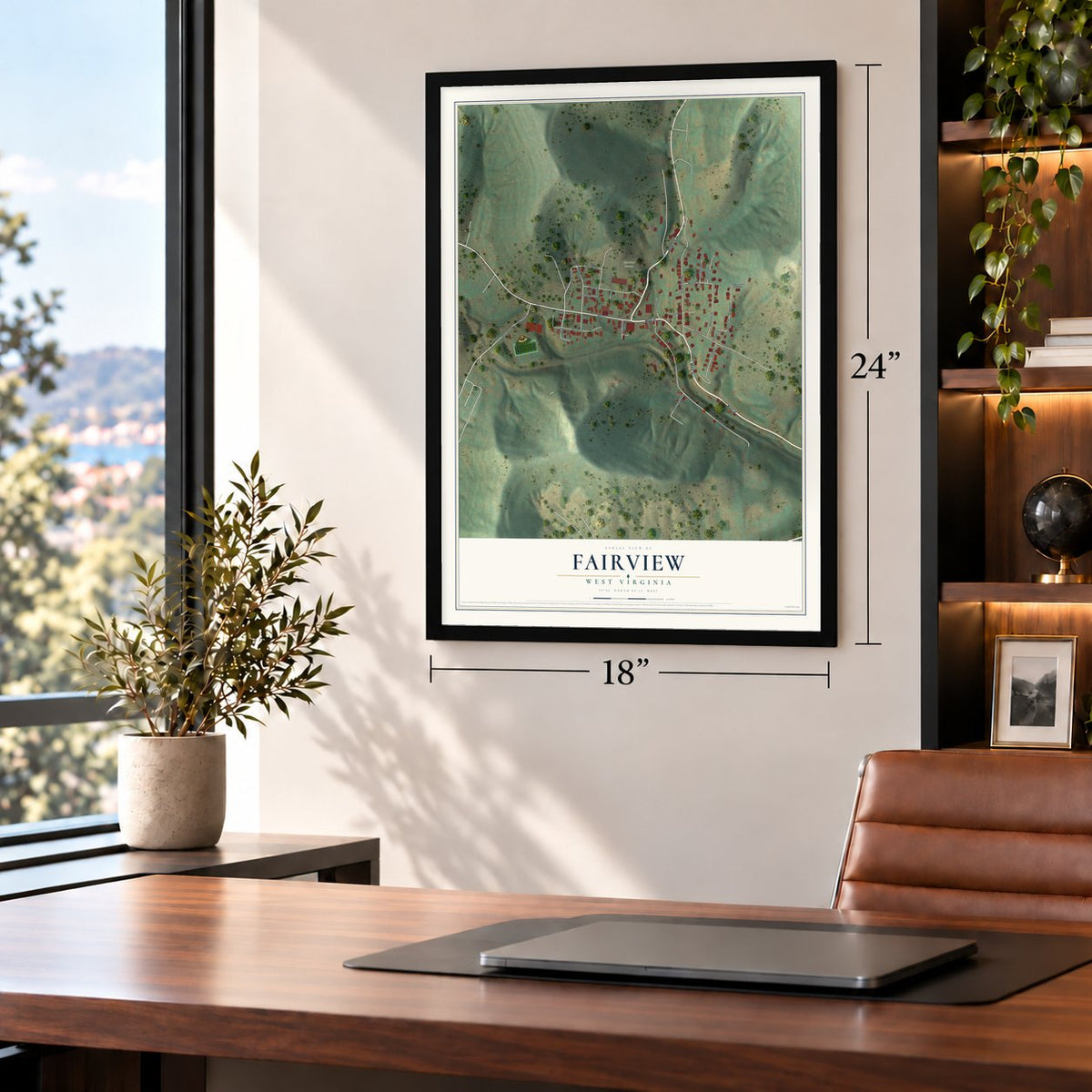 Fairview, West Virginia map, 18 x 24 inch print in a black frame in a home office