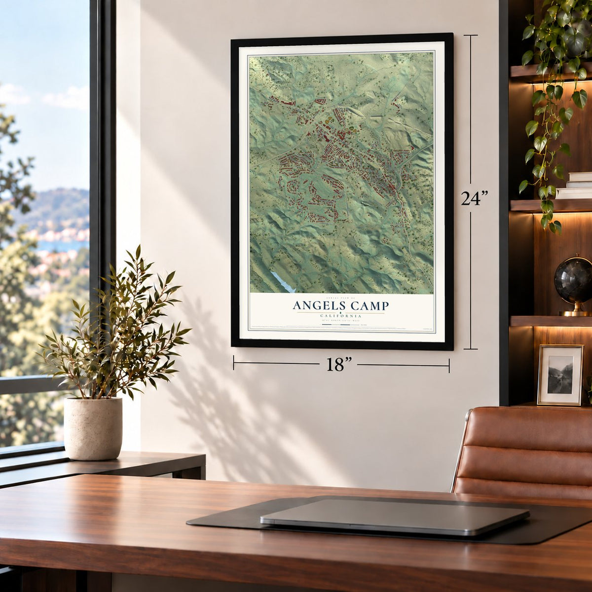 Angels Camp, California map, 18 x 24 inch print in a black frame in a home office