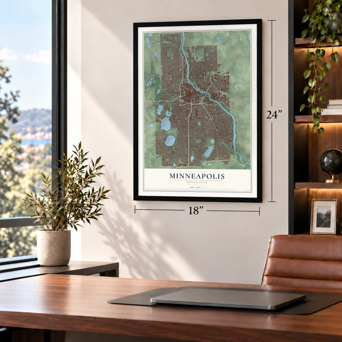 Minneapolis, Minnesota map, 18 x 24 inch print in a black frame in a home office