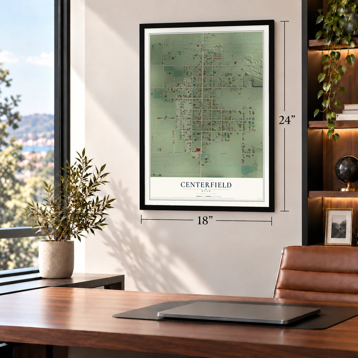 Centerfield, Utah map, 18 x 24 inch print in a black frame in a home office